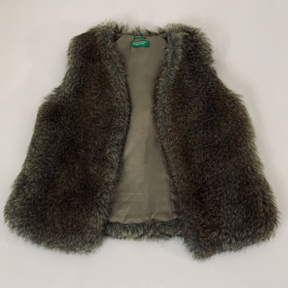 United Colors of Benetton Faux Fur Vest Girl XL 10/11 Brown‎ Fluffy Preppy Glam